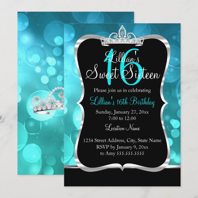 Sweet 16 Aquamarin Blue Black Tiara Einladung (Vorne/Hinten)