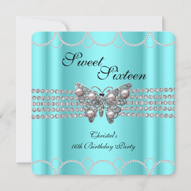 SWEET 16 Aquamarin Blue Butterfly Pearl Birthday P Einladung (Vorderseite)