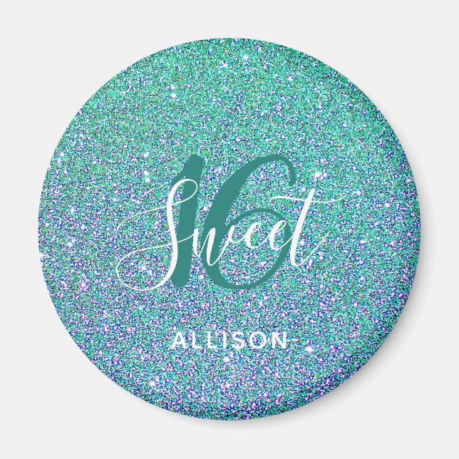 Sweet 16 Aquamarin Blue Glitzer Gastgeschenk Magnet (Vorne)