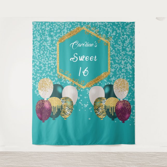 Sweet 16 Aquamarin Blue Glitzer & Glitzer Party Ba Wandteppich (Vorderseite)