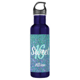 Sweet 16 Aquamarin Blue Glitzer Personalisiert Edelstahlflasche