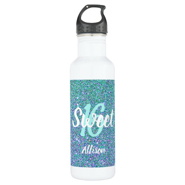Sweet 16 Aquamarin Blue Glitzer Personalisiert Edelstahlflasche (Vorderseite)