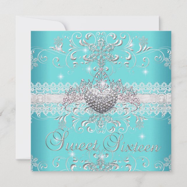 Sweet 16 Aquamarin Blue Glitzer Tiara Spitzenherz Einladung (Vorderseite)
