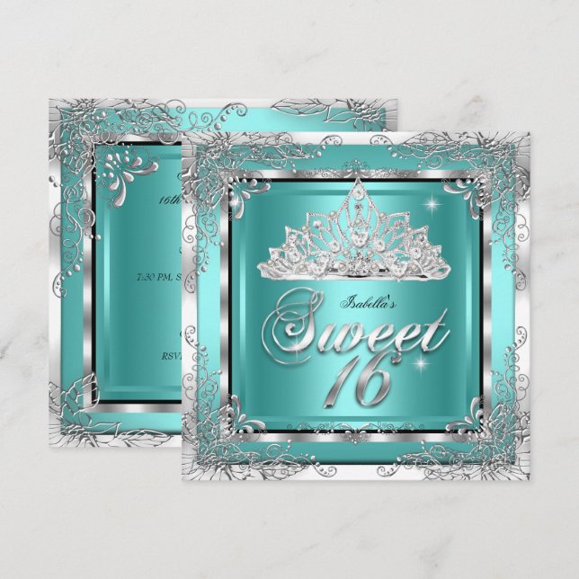 Sweet 16 Aquamarin Blue Silver Diamond Tiara Party Einladung (Vorne/Hinten)