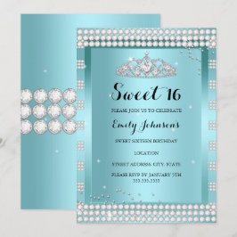 Sweet 16 Aquamarin Blue Sparkle Tiara Geburtstagsp Einladung