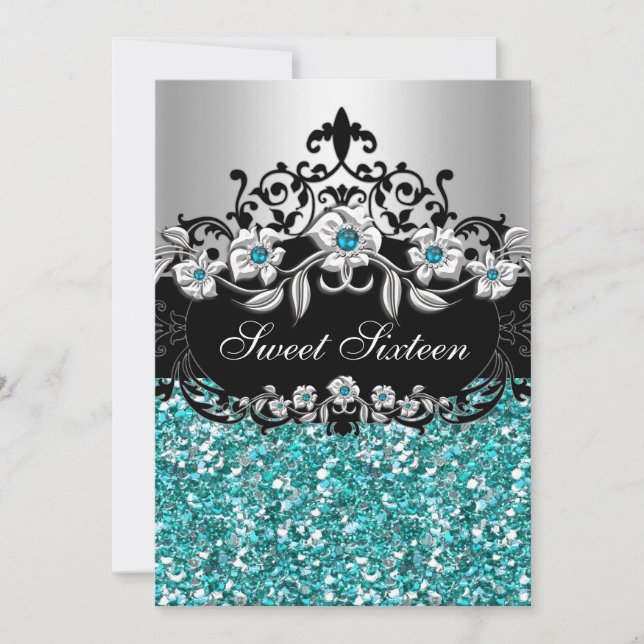 Sweet 16 Aquamarin Floral Glitzer Party Einladung (Vorderseite)