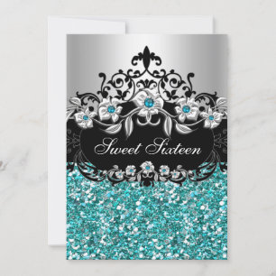 Sweet 16 Aquamarin Floral Glitzer Party Einladung