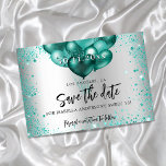 Sweet 16 aquamarin-grüne Glitzer-Ballons in Silber Save The Date<br><div class="desc">Eine Freundin und trendig Save the Date für eine Sweet 16,  16. Geburtstagsfeier. Ein silbernes Imitat mit aquamarinem,  grünem Imitat,  Glitzer,  Glitzern und Ballons. Personalisieren und fügen Sie Datum und Name/Alter hinzu. Der Text: Save the Date ist mit einem großen angesagten,  handgeschriebenen Stilskript geschrieben.</div>