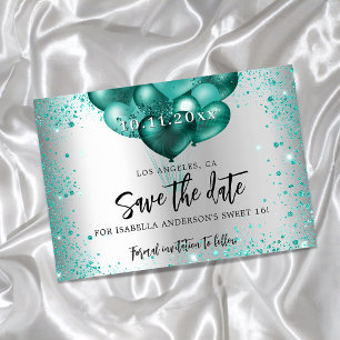 Sweet 16 aquamarine grüne Ballons in Silber Save t Ankündigungspostkarte