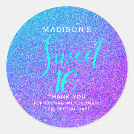 Sweet 16 Aquamariner Lila Glitzer Danke Monogram Runder Aufkleber