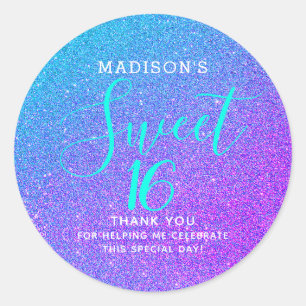Sweet 16 Aquamariner Lila Glitzer Danke Monogram Runder Aufkleber