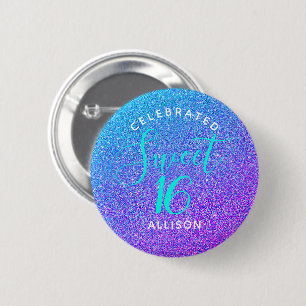 Sweet 16 Aquamariner Lila Glitzer Geburtstagsparty Button