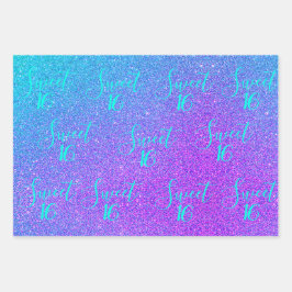 Sweet 16 Aquamariner Lila Glitzer Glam Girl Geburt Geschenkpapier Set