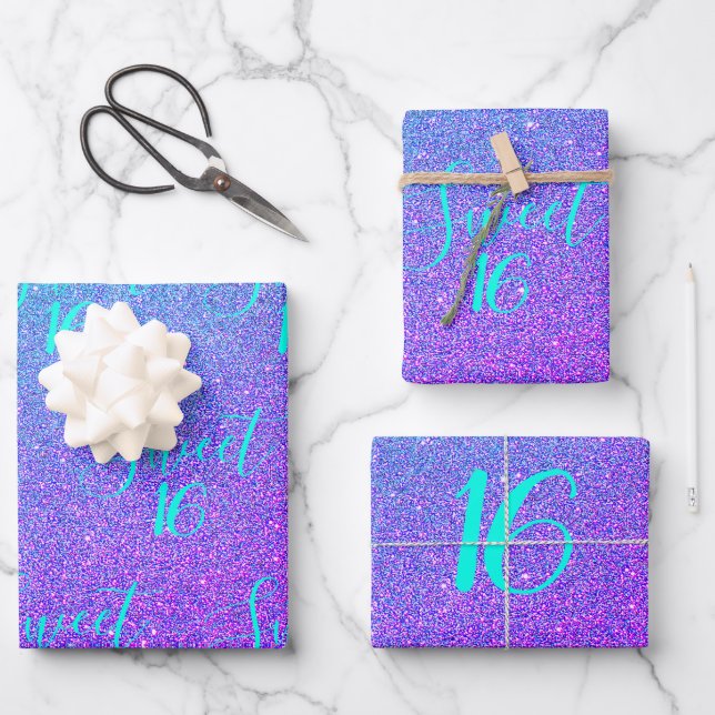 Sweet 16 Aquamariner Lila Glitzer Glam Girl Geburt Geschenkpapier Set (Vorderseite)