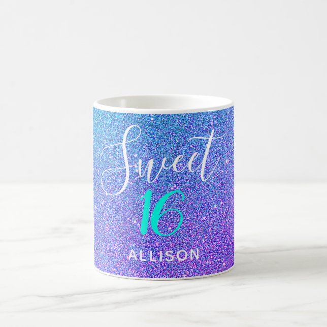 Sweet 16 Aquamariner Lila Glitzer Ombre Personalis Kaffeetasse (Mittel)