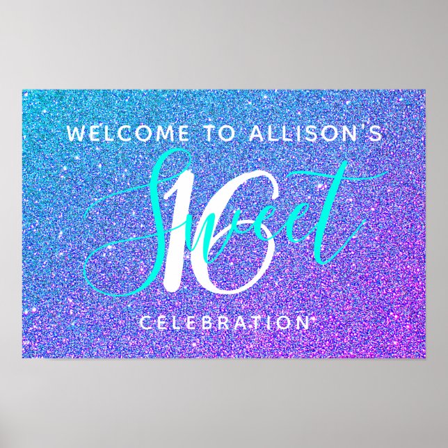 Sweet 16 Aquamariner Lila Glitzer Willkommen Perso Poster (Vorne)