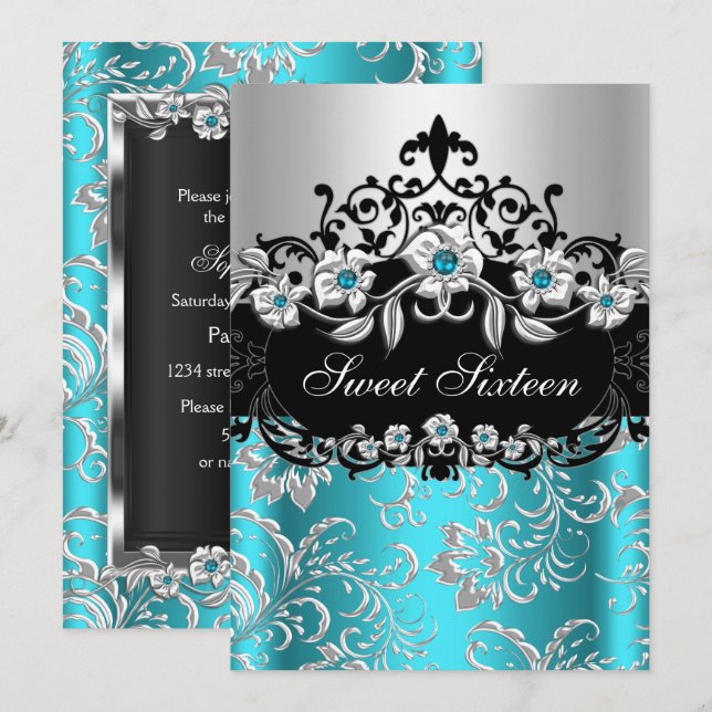 Sweet 16 Aquamarines Silver Black Floral Jewel Par Einladung (Vorne/Hinten)
