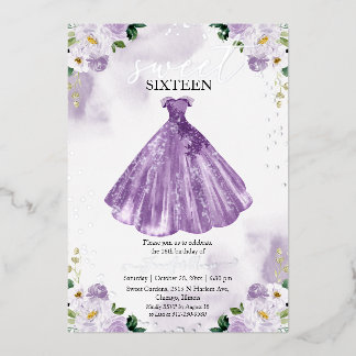 Sweet 16 Aquarell Blume Kleid Lila Silber Folieneinladung