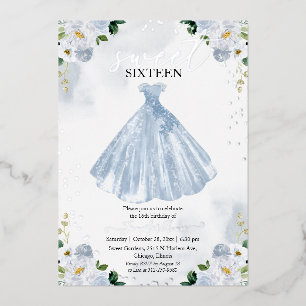 Sweet 16 Aquarell Blume kleiden Baby Blue Silver Folieneinladung