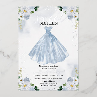 Sweet 16 Aquarell Blume kleiden Baby Blue Silver Folieneinladung