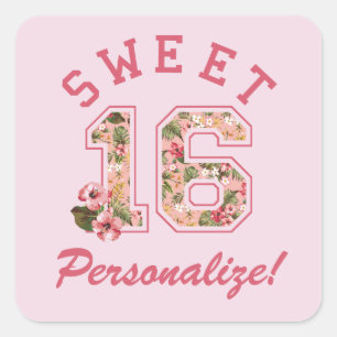 Sweet 16 Athletic Pink Floral Quadratischer Aufkleber