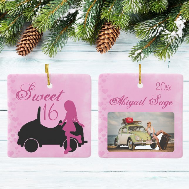 Sweet 16 Auto Personalisiertes Foto Rosa Weihnacht Keramikornament (Von Creator hochgeladen)