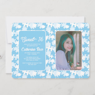 Sweet 16 Baby Blue and White Puzzle Foto Einladung