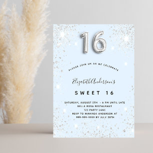 Sweet 16 Baby Blue Silber Glitzer Luxus Einladung
