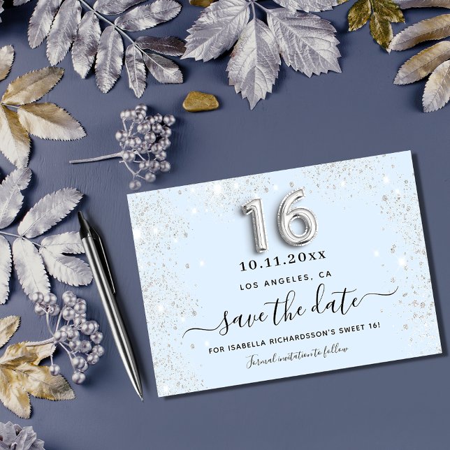 Sweet 16 baby blue silber Glitzer Save the Date Mitteilungskarte (Von Creator hochgeladen)