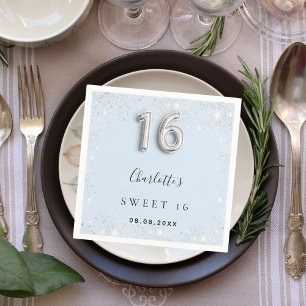Sweet 16 baby blue silber Glitzer Serviette