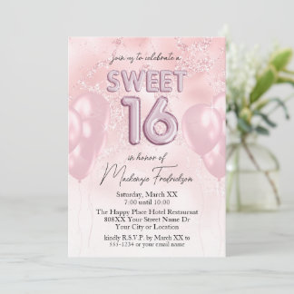 Sweet 16 Balloons auf rosa Glitzer Marmor Einladung