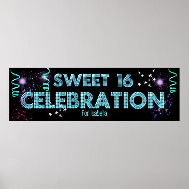 Sweet 16 Bannière Poster Turquoise Bleu (Devant)