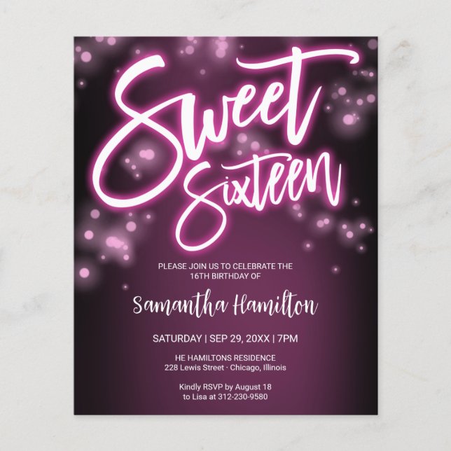 Sweet 16 Bday Hot Pink Neon Glow Budge Einladung (Vorderseite)