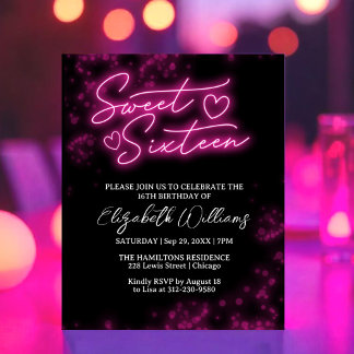 Sweet 16 Bday Hot Pink Neon Glow Budget Einladung