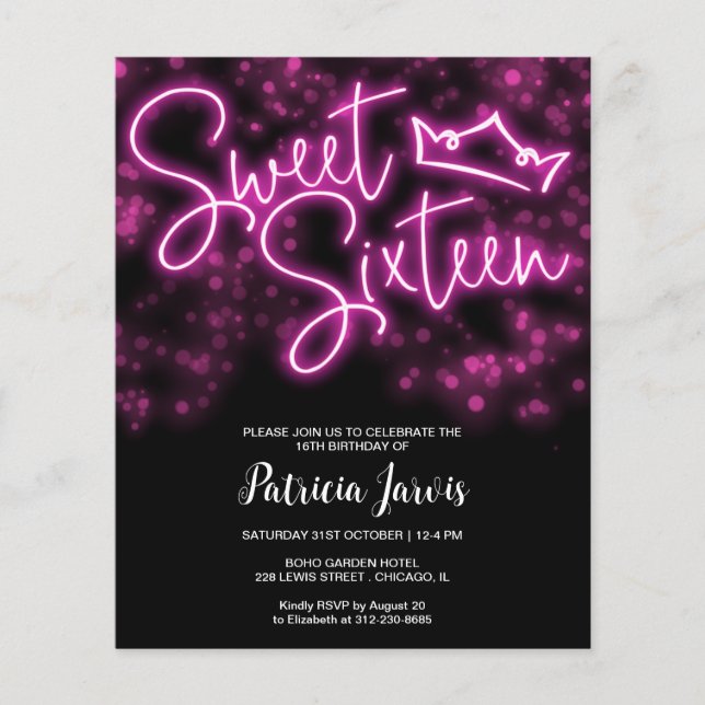 Sweet 16 Bday Hot Pink Neon Glow Budget Einladung (Vorderseite)