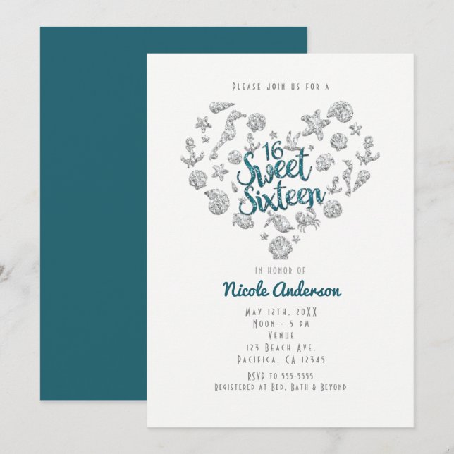 SWEET 16 Beach Glam Diamond Heart Invitations (Devant / Derrière)