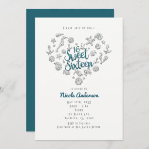 SWEET 16 Beach Glam Diamond Heart Invitations