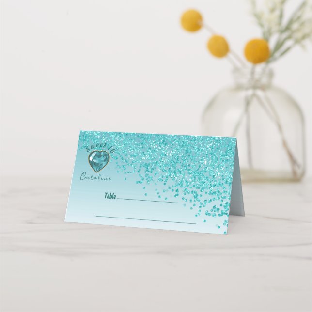 Sweet 16 Birthday Aquamarin Blue Glitzer & Blue Ge Platzkarte (Vorderseite)