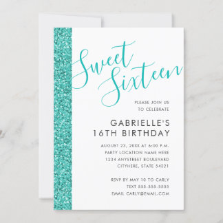 Sweet 16 Birthday Aquamarin Blue Glitzer Einladung