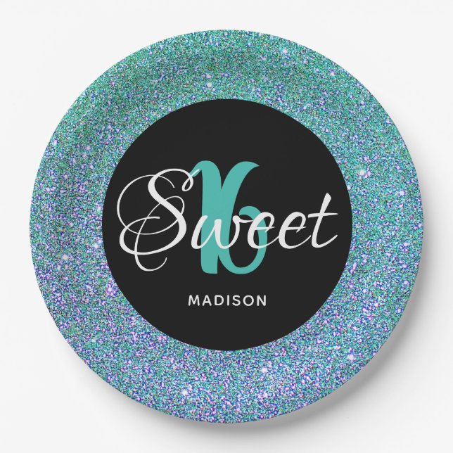 Sweet 16 Birthday Aquamarin Blue Glitzer Personali Pappteller (Vorderseite)