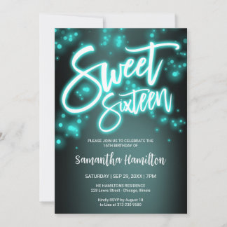 Sweet 16 Birthday Aquamarin Neon Glow Dunkles Part Einladung