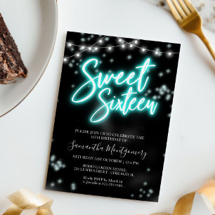 Sweet 16 Birthday Aquamarin Neon Glow Dunkles Part Einladung