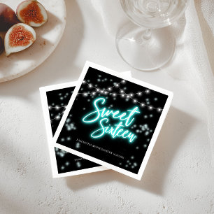 Sweet 16 Birthday Aquamarin Neon Glow Dunkles Part Serviette