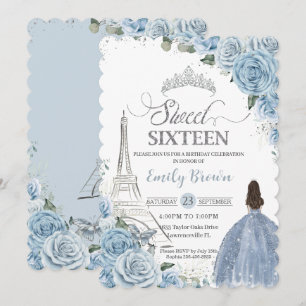 Sweet 16 Birthday Baby Blue Floral Paris Silver Einladung