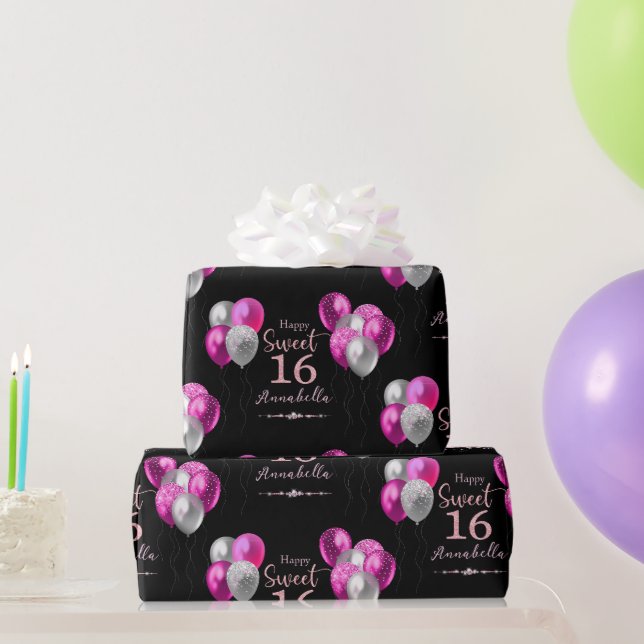 Sweet 16 Birthday Black and Pink Glitzer Balloons Geschenkpapier (Partygeschenke)