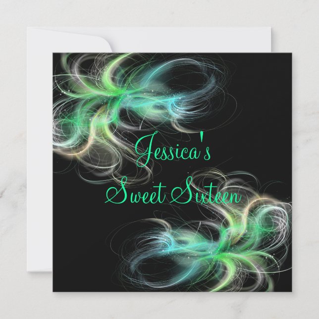 Sweet 16 Birthday Black & Blue Green Wirbel Einladung (Vorderseite)