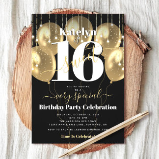 Sweet 16 Birthday Black Gold Balloons kühl Moderne Einladung