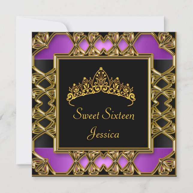 Sweet 16 Birthday Black Lila Gold Tiara Einladung (Vorderseite)