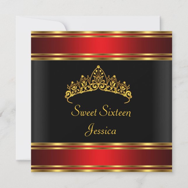 Sweet 16 Birthday Black Red Gold Silver Tiara Einladung (Vorderseite)