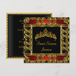 Sweet 16 Birthday Black Red Gold Tiara Einladung
